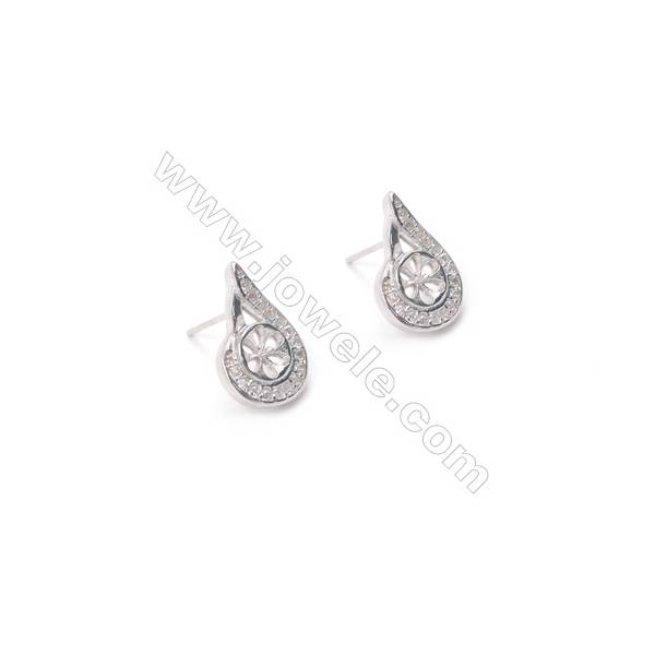 925 silver platinum plated ear stud findings water-drop zircon jewelry findings designed for half drilled beads  10x16mm x 1pair