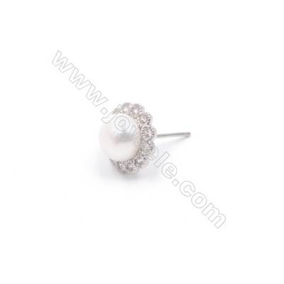 Ear stud findings 925 silver platinum plated floral zircon jewelry findings designed for half drilled beads-E2756 12mm x 1pair