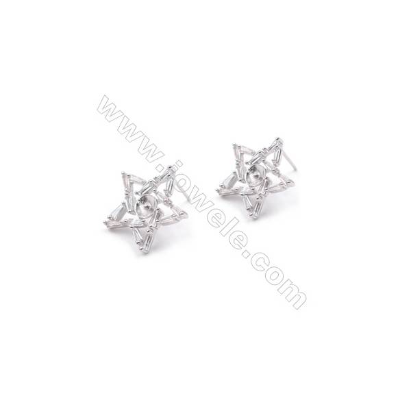 Star platinum plated 925 sterling silver micro pave zircon ear stud components designed for half drilled beads  16mm x 1pair