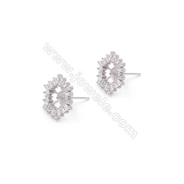 Platinum plated 925 silver flower shaped ear stud findings designed for half drilled beads-E2708 11x14mm x 1pair