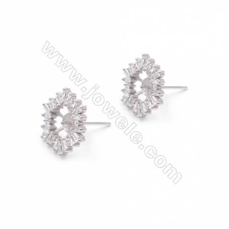 Fleur de Clou d'oreille pour perles semi-percée en argent 925 rhodié avec Zirconium-E2708 11x14mm x 1paire