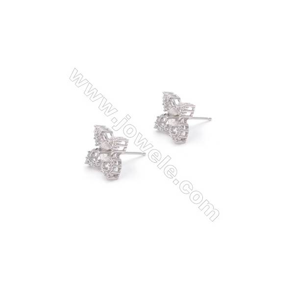Platinm plated 925 silver flower shaped ear stud findings designed for half drilled beads jewelry making-2837 10x14mm x 1pair