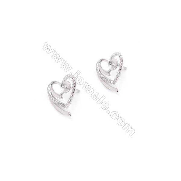 Wholesale heart 15x15mm x1 pair sterling silver earring stud jewelry findings accessories for half drilled beads
