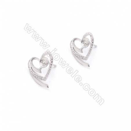 Coeur de Clou d'oreille pour perles semi-percée en argent 925 rhodié avec Zirconium-E2870 15x15mm x 1paire