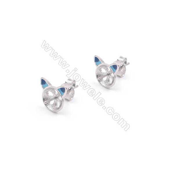 Platinum plated 925 silver cute kitty ear stud findings designed for half-drilled beads-E2872 8x9mm x 1pair