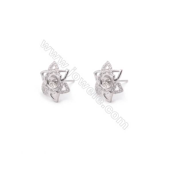 Platinum plated 925 sterling silver ear stud findings components for half drilled beads jewelry making supplies13x14mm x 1pair