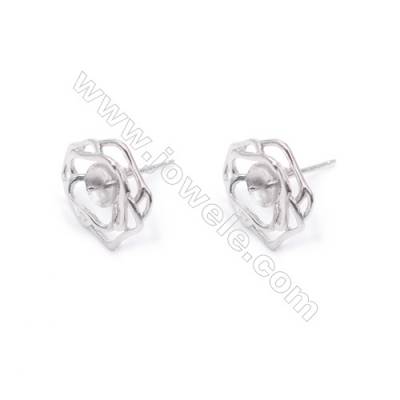 Flower shape platinum plated 925 silver micro pave CZ ear stud findings for half drilled beads jewelry making-E2666 14mm x 1pair