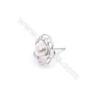 Flower shape platinum plated 925 silver micro pave CZ ear stud findings for half drilled beads jewelry making-E2666 14mm x 1pair
