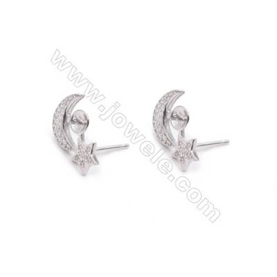 Moon star platinum plated 925 sterling silver jewelry making ear stud findings for half drilled beads-E2866 9x15mm x 1pair