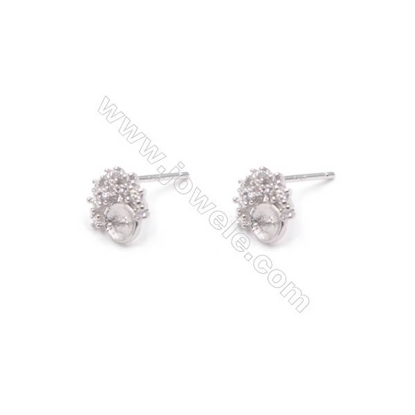 Zircon micro paved platinum plated silver crown stud earrings findings for half drilled beads earring making-E2856 8x9mm x 1pair