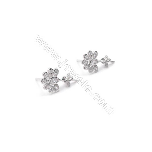 925 sterling silver pierced stud earring CZ findings for half drilled pearl jewelry  Flower  9X9mm x 1pair  tray 5mm  pin 0.6mm