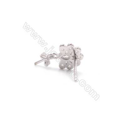 925 sterling silver pierced stud earring CZ findings for half drilled pearl jewelry  Flower  9X9mm x 1pair  tray 5mm  pin 0.6mm