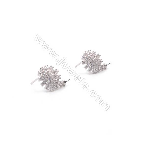 Flower shape platinum plated 925 sterling silver zircon stud ear findings for half drilled beads-E2831 11mm x 1pair