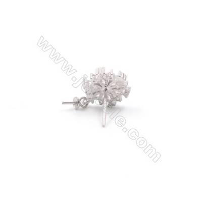 Floral platinum plated 925 sterling silver zircon stud ear findings for half drilled beads-E2827 10mm x 1pair