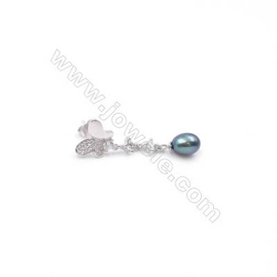 Butterfly design platinum plated 925 sterling silver zircon stud ear findings for half drilled beads-E2758 10x11mm x 1pair