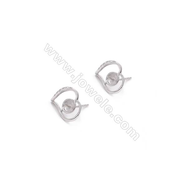 Heart 925 sterling silver pierced stud earring CZ findings for half drilled beads pearl jewelry 10x12mm x 1pair