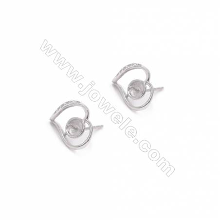 Coeur Clou d'oreille pour perles semi-percée en argent 925 rhodié avec Zirconium-E2657 10x12mm x 1paire