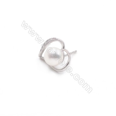 Heart 925 sterling silver pierced stud earring CZ findings for half drilled beads pearl jewelry 10x12mm x 1pair