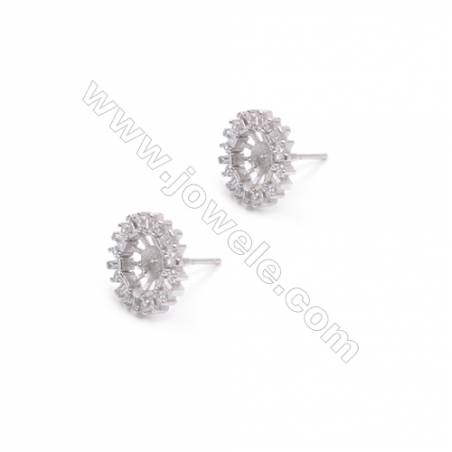 Platinum filled 925 sterling silver zircon ear stud findings for half drilled beads jewelry making  Wheel gear  11mm  x1pair