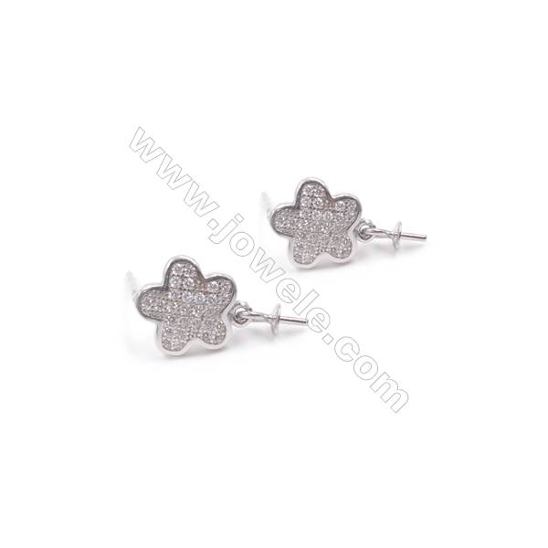 Fleur Clou d'oreille pour perles semi-percée en argent 925 rhodié avec Zirconium-E2027 9mmx1paire