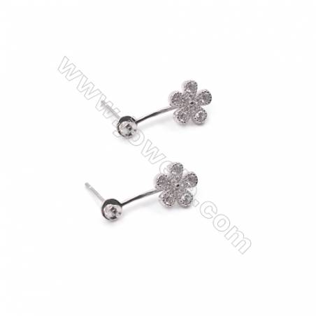 Fleur Clou d'oreille pour perle semi-percée en argent 925 rhodié avec Zirconium-E2786 8x19mmx1paire