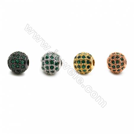 Brass Beads, (Gold, Platinum, Rose Gold, Gun Black) Plated, CZ Micropave (Green), Round, Size 6mm, Hole 1mm, 10pcs/pack