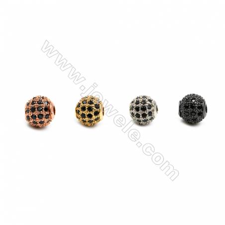 Brass Beads, (Gold, Platinum, Rose Gold, Gun Black) Plated, CZ Micropave (Black), Round, Size 6mm, Hole 1mm, 16pcs/pack