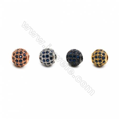 Brass Beads, (Gold, Platinum, Rose Gold, Gun Black) Plated, CZ Micropave (Dark Blue), Round, Size 6mm, Hole 1mm, 12pcs/pack