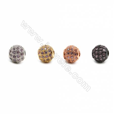 Brass Beads, (Gold, Platinum, Rose Gold, Gun Black) Plated, CZ Micropave (Pink), Round, Size 6mm, Hole 1mm, 12pcs/pack
