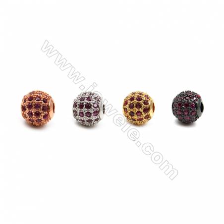 Brass Beads, (Gold, Platinum, Rose Gold, Gun Black) Plated, CZ Micropave (Red), Round, Size 6mm, Hole 1mm, 12pcs/pack