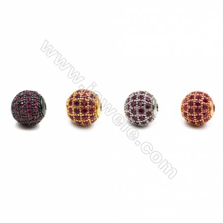 銅製品珠子 圓形 鑲紅色鋯石  尺寸8毫米 孔徑1.5毫米  x10個/包 銅鍍（金色，白金色，玫瑰金色，槍黑色）
