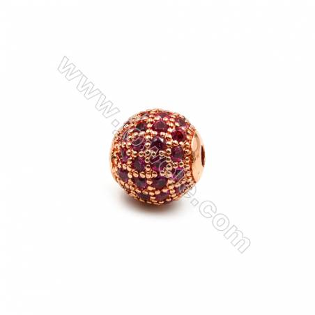 Brass Beads  (Gold Platinum Rose Gold Gun Black) Plated  CZ Micropave (Red)  Round  Size 8mm  Hole 1.5mm  10pcs/pack