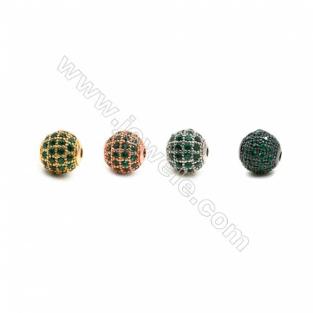 Brass Beads, (Gold, Platinum, Rose Gold, Gun Black) Plated, CZ Micropave (Green), Round, Size 8mm, Hole 1.5mm, 6pcs/pack