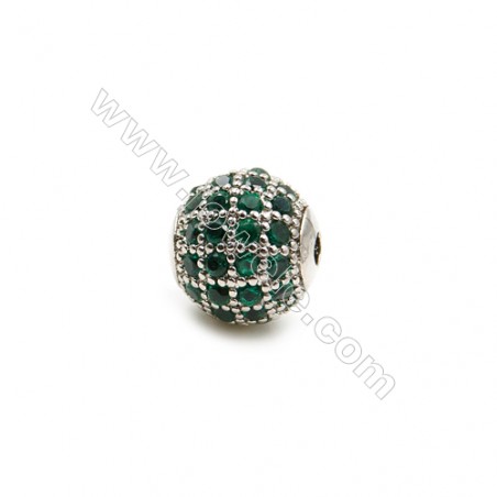 Brass Beads  (Gold Platinum Rose Gold Gun Black) Plated  CZ Micropave (Green)  Round  Size 8mm  Hole 1.5mm  6pcs/pack