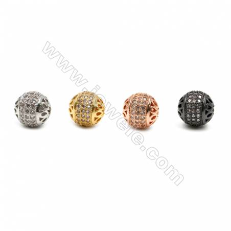 銅製品鏤空珠子 圓形 鑲鋯石  尺寸9毫米 孔徑2毫米  x10個/包 銅鍍（金色，白金色，玫瑰金色，槍黑色）