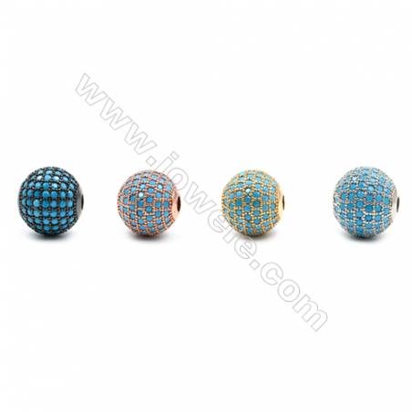 Brass Beads, (Gold, Platinum, Rose Gold, Gun Black) Plated, CZ Micropave(Blue), Round, Size 11mm, Hole 2.5mm, 4pcs/pack