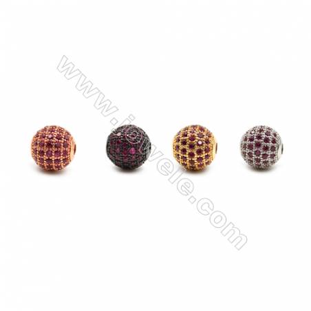 Brass Beads, (Gold, Platinum, Rose Gold, Gun Black) Plated, CZ Micropave (Red), Round, Size 10mm, Hole 2.5mm, 8pcs/pack