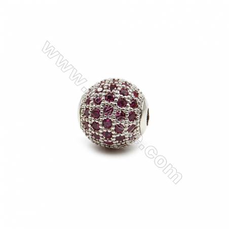 Brass Beads  (Gold Platinum Rose Gold Gun Black) Plated  CZ Micropave (Red)  Round  Size 10mm  Hole 2.5mm  8pcs/pack