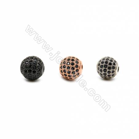 Brass Beads, ( Platinum, Rose Gold, Gun Black) Plated, CZ Micropave (Black), Round, Size 10mm, Hole 2mm, 10pcs/pack
