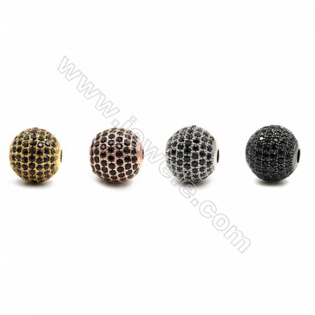 Brass Beads, (Gold, Platinum, Rose Gold, Gun Black) Plated, CZ Micropave (Black), Round, Size 11mm, Hole 2.5mm, 6pcs/pack