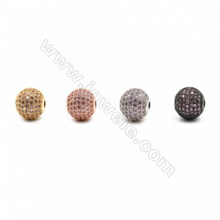 Brass Beads, (Gold, Platinum, Rose Gold, Gun Black) Plated, CZ Micropave (Pink), Round, Size 11mm, Hole 2.5mm, 4pcs/pack