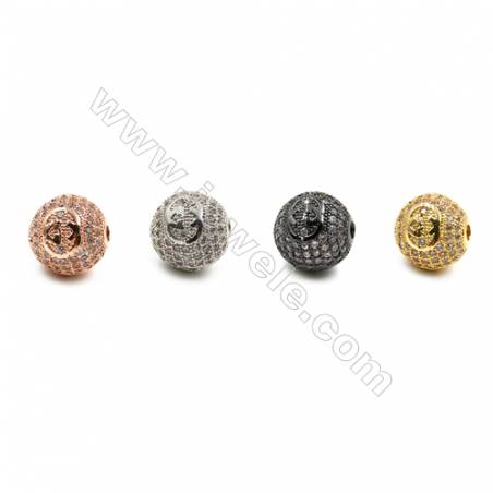 Brass Beads, (Gold, Platinum, Rose Gold, Gun Black) Plated, CZ Micropave, Round, Size 11mm, Hole 2mm, 6pcs/pack