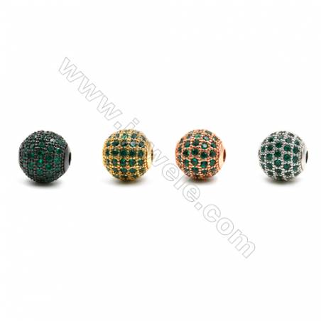 Brass Beads, (Gold, Platinum, Rose Gold, Gun Black) Plated, CZ Micropave (Green), Round, Size 10mm, Hole 2mm, 6pcs/pack