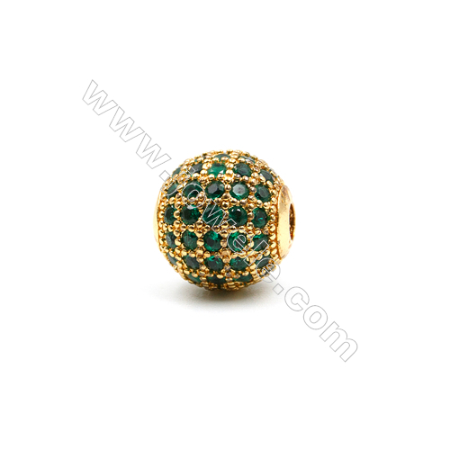 Brass Beads  (Gold Platinum Rose Gold Gun Black) Plated  CZ Micropave (Green)  Round  Size 10mm  Hole 2mm  6pcs/pack