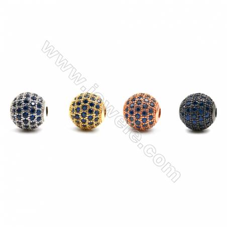 Brass Beads, (Gold, Platinum, Rose Gold, Gun Black) Plated, CZ Micropave (Dark Blue), Round, Size 10mm, Hole 2.5mm, 8pcs/pack