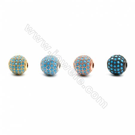Perles rondes en laiton avec zircon turquoise bleu  Taille 10mm de diamètre  trou 2.0mm  6pcs/paquet