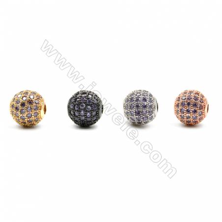 Brass Beads, (Gold, Platinum, Rose Gold, Gun Black) Plated, CZ Micropave (Purple)  Round, Size 10mm, Hole 2mm, 8pcs/pack