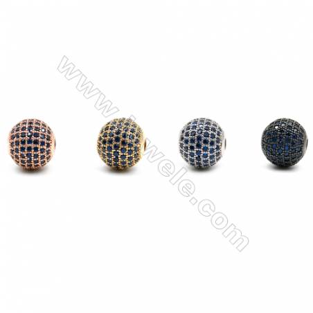 Perles rondes en laiton avec zircon bleu foncé  Taille 11mm de diamètre  trou 2.5mm  4pcs/paquet