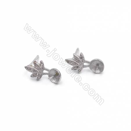 Platinum plated 925 silver earring stud findings with zircon micro pave  fit for half drilled beads  7x13mm x 1pair