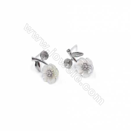 Fleur Clou d'oreille pour perle semi-percée en argent 925 rhodié avec Zirconium-E2853 9x14mmx1paire